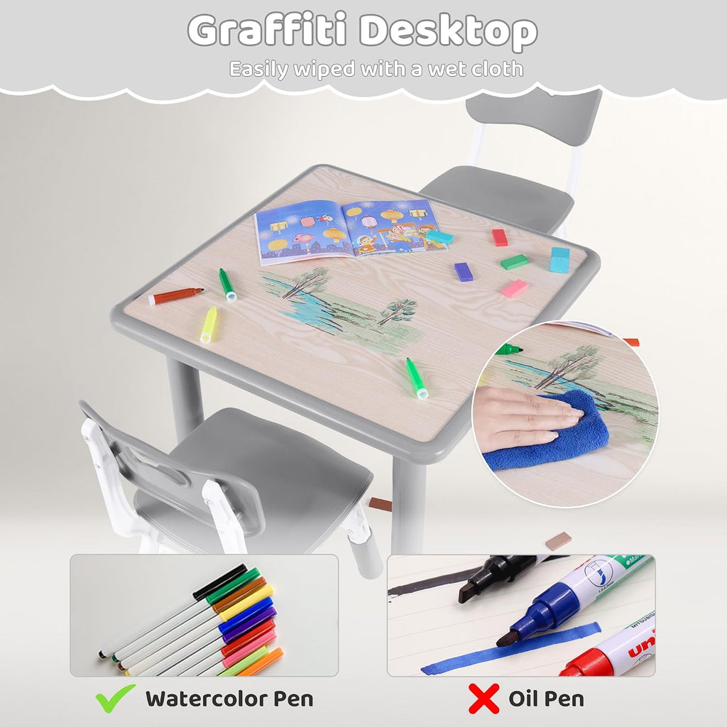 DOREROOM Kids Table and 2 Chairs Set, Height Adjustable (17.7"-26.1") Toddler Table and Chair Set, Multi-Activity Table with Graffiti Desktop, Children’s Table and Chairs for Classroom, Home & Daycare