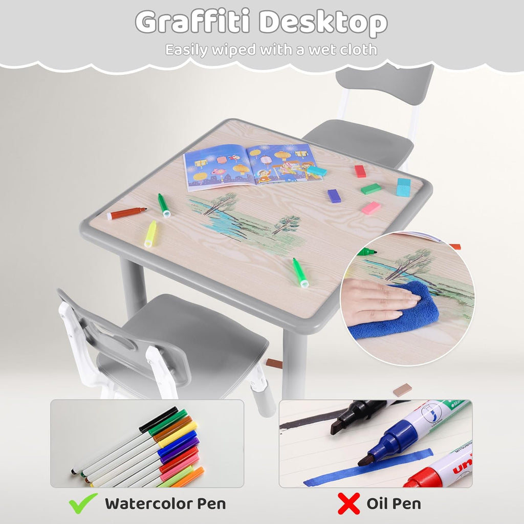 DOREROOM Kids Table and 2 Chairs Set, Height Adjustable (17.7"-26.1") Toddler Table and Chair Set, Multi-Activity Table with Graffiti Desktop, Children’s Table and Chairs for Classroom, Home & Daycare