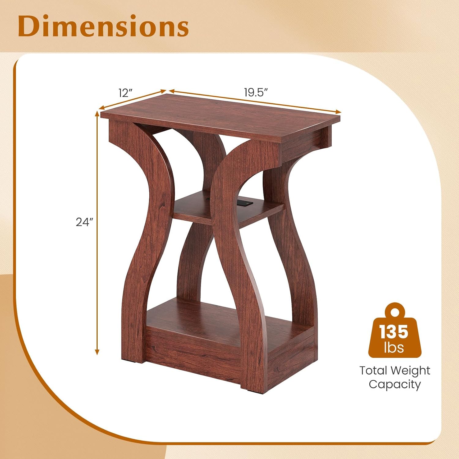 Giantex Narrow End Tables with Charging Station Set of 2, Wood Sofa Side Tables with Open Storage Shelves, Bedside Tables with USB Ports & Outlets, Vintage Nightstands for Living Room, Bedroom, Cherry