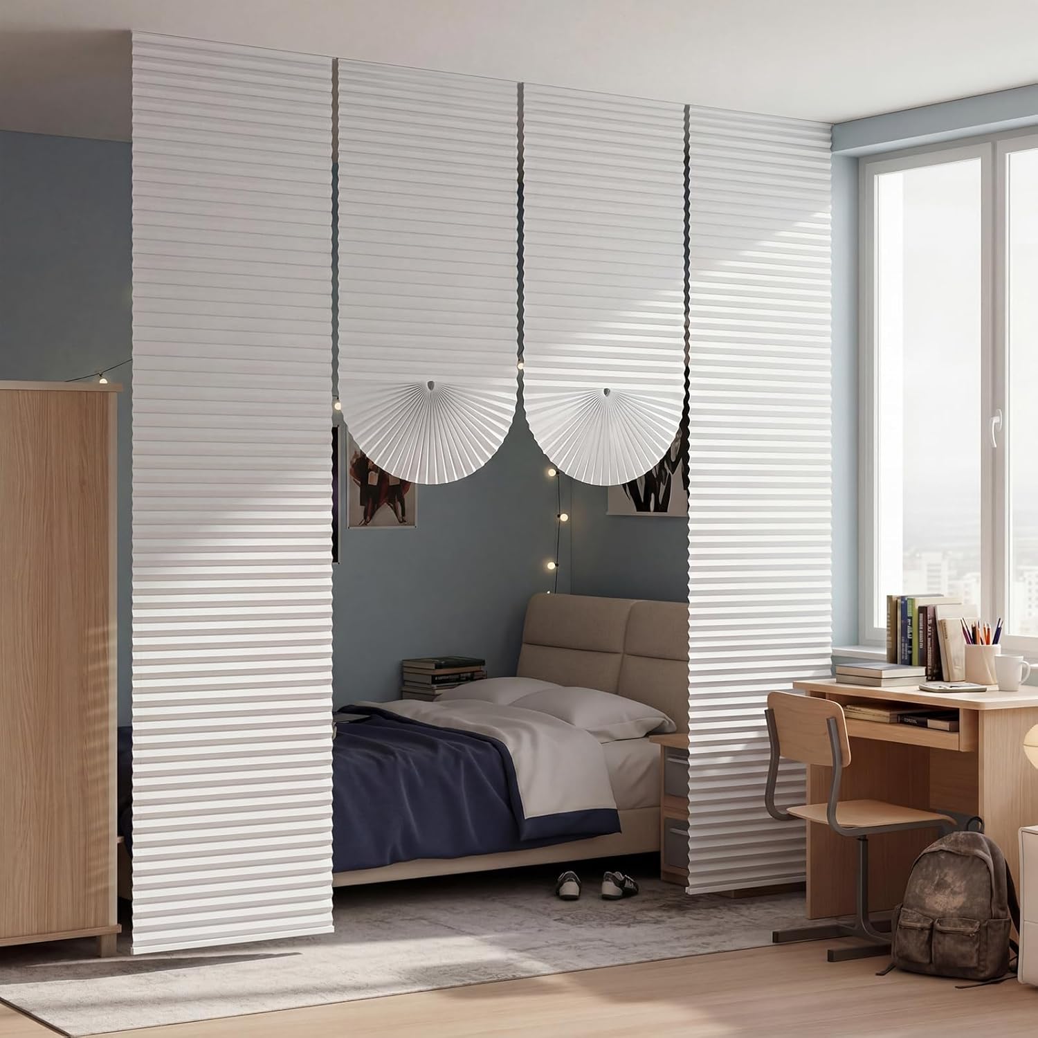 Threehoney 4 Pcs Non Woven Room Divider 30 x 118 Inch No Drilling Pleated Blinds for Room Separation Adjustable Temporary Light Filtering Privacy Screen Wall Divider for Home Bedroom Office
