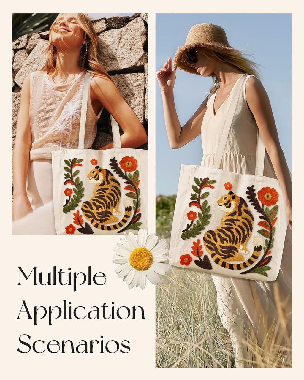 Miss Adola Embroidery Canvas Tote Bag for Women - Reusable Totes with Pocket & Buckle Aesthetic Cute Grocery Shoulder Bag