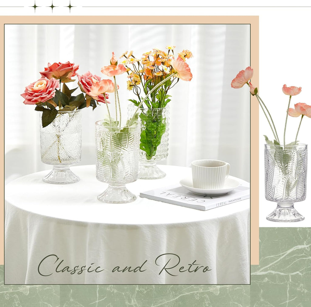 6 Pcs (H: 7" W: 4") Embossed Flower Vase Pedestal Glass Vase Big Base Thickened Crystal Vintage Vases for Wedding Party Home Decor Table Centerpiece House Warming Gifts (Clear,Classic)