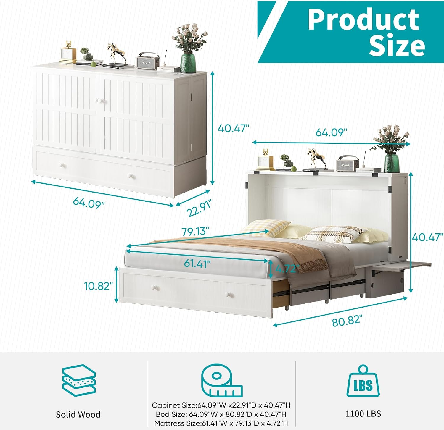 BALUS Queen Murphy Bed, Cabinet Murphy Bed with Large Storage Drawer-White | USB Charing Station, Spacious Drawer, Space Saving, Queen Bed Frame