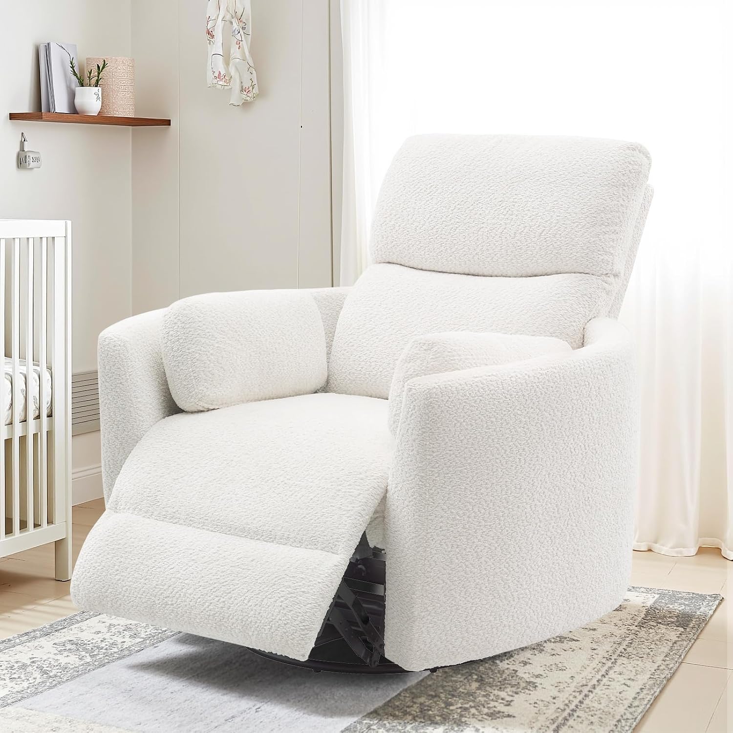 Jocisland Power Rocking Nursery Chair, Oversized Recliner Swivel Glider Chairs for Adults with 2 Pillows, USB & Type-C, Cozy Reclining Armchair Sofa for Living Room, Bedroom, Nursing, White Teddy