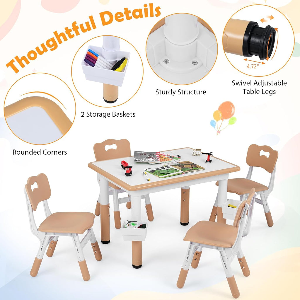 Costzon Kids Table and 4 Chairs, Height Adjustable Toddler Desk Set w/Easy-to-Wipe Graffiti Desktop & 2 Storage Basket for Home, Classroom, Daycare, Playroom, Art Study Table Set (Natural, 5 PCS)