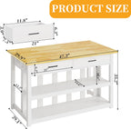 DynJest 47.3" Solid Rubberwood Kitchen Island with Power Outlets - Extra Large Work Surface, 2 Drawers & Open Shelves Storage Cabinet for Kitchen Dining Room, Farmhouse Style (White)