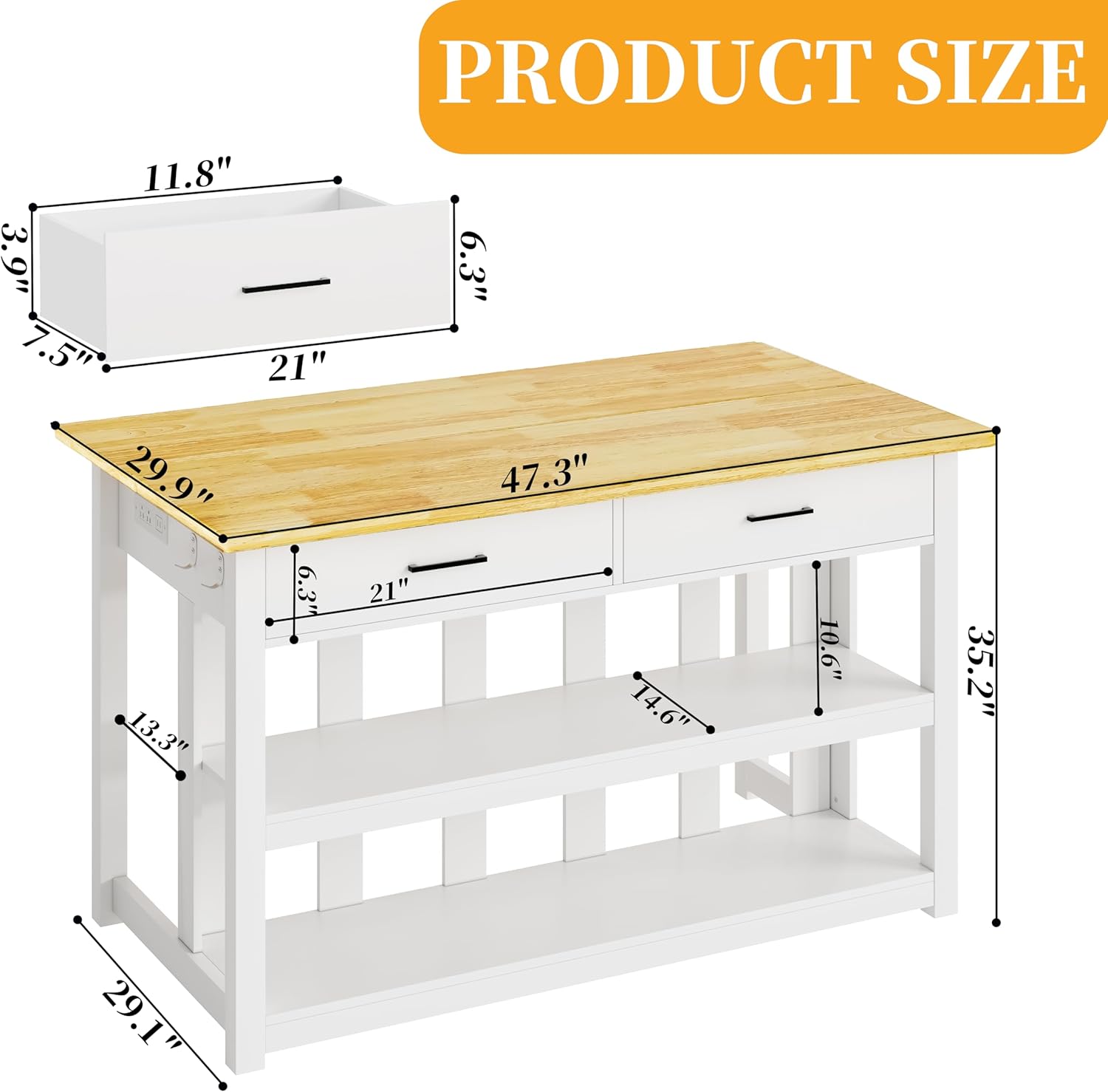 DynJest 47.3" Solid Rubberwood Kitchen Island with Power Outlets - Extra Large Work Surface, 2 Drawers & Open Shelves Storage Cabinet for Kitchen Dining Room, Farmhouse Style (White)