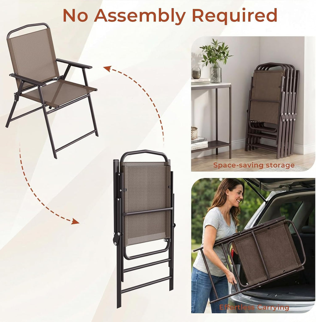 TLSUNNY Patio Folding Chairs Set of 2, Portable Dining Lawn Chairs, Outdoor Folded Furniture W/Breathable Textilene & Steel Frame, Armrests & Crossbar, All Weather for Pool, Camping (2, Brown)