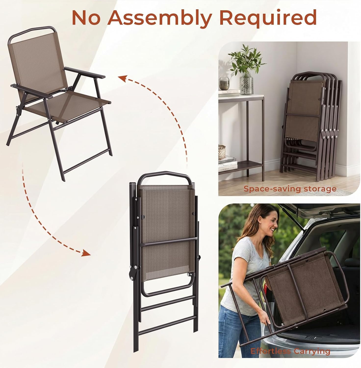TLSUNNY Patio Folding Chairs Set of 2, Portable Dining Lawn Chairs, Outdoor Folded Furniture W/Breathable Textilene & Steel Frame, Armrests & Crossbar, All Weather for Pool, Camping (2, Brown)