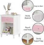 Modern Kids Nightstand Girls Bedroom Night Stand with Drawer & Open Storage Shelf, Bedroom Furniture, MDF, Aluminum Handles, Easy Setup (Pink)