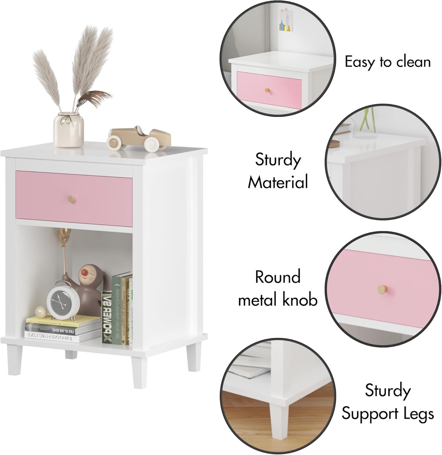 Modern Kids Nightstand Girls Bedroom Night Stand with Drawer & Open Storage Shelf, Bedroom Furniture, MDF, Aluminum Handles, Easy Setup (Pink)