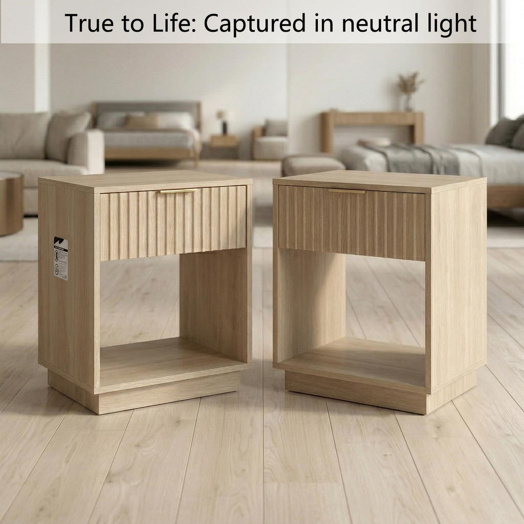 holzart Set of 2 Fluted Wood Nightstands with Hidden Compartment, Modern Oak End Tables with Wavy Drawer and Open Shelf, Boho Bedside Tables for Bedroom, Light Wood