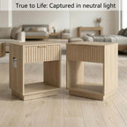 holzart Set of 2 Fluted Wood Nightstands with Hidden Compartment, Modern Oak End Tables with Wavy Drawer and Open Shelf, Boho Bedside Tables for Bedroom, Light Wood