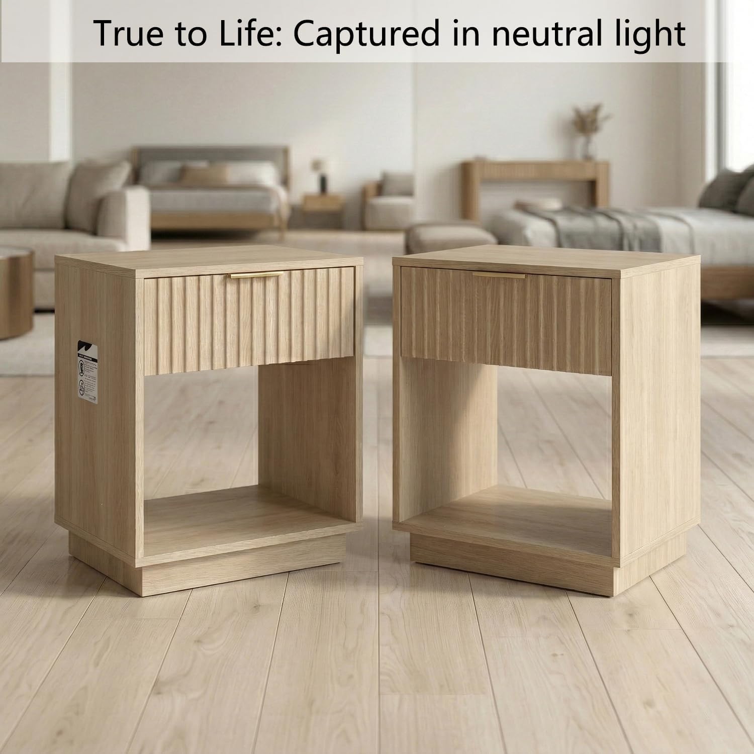 holzart Set of 2 Fluted Wood Nightstands with Hidden Compartment, Modern Oak End Tables with Wavy Drawer and Open Shelf, Boho Bedside Tables for Bedroom, Light Wood