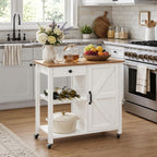 4 EVER WINNER Rolling Kitchen Island with Storage, Farmhouse Kitchen Cart with Drawer and Door, Wine Rack and Adjustable Shelf, Microwave Cart for Kitchen, Dining Room, White