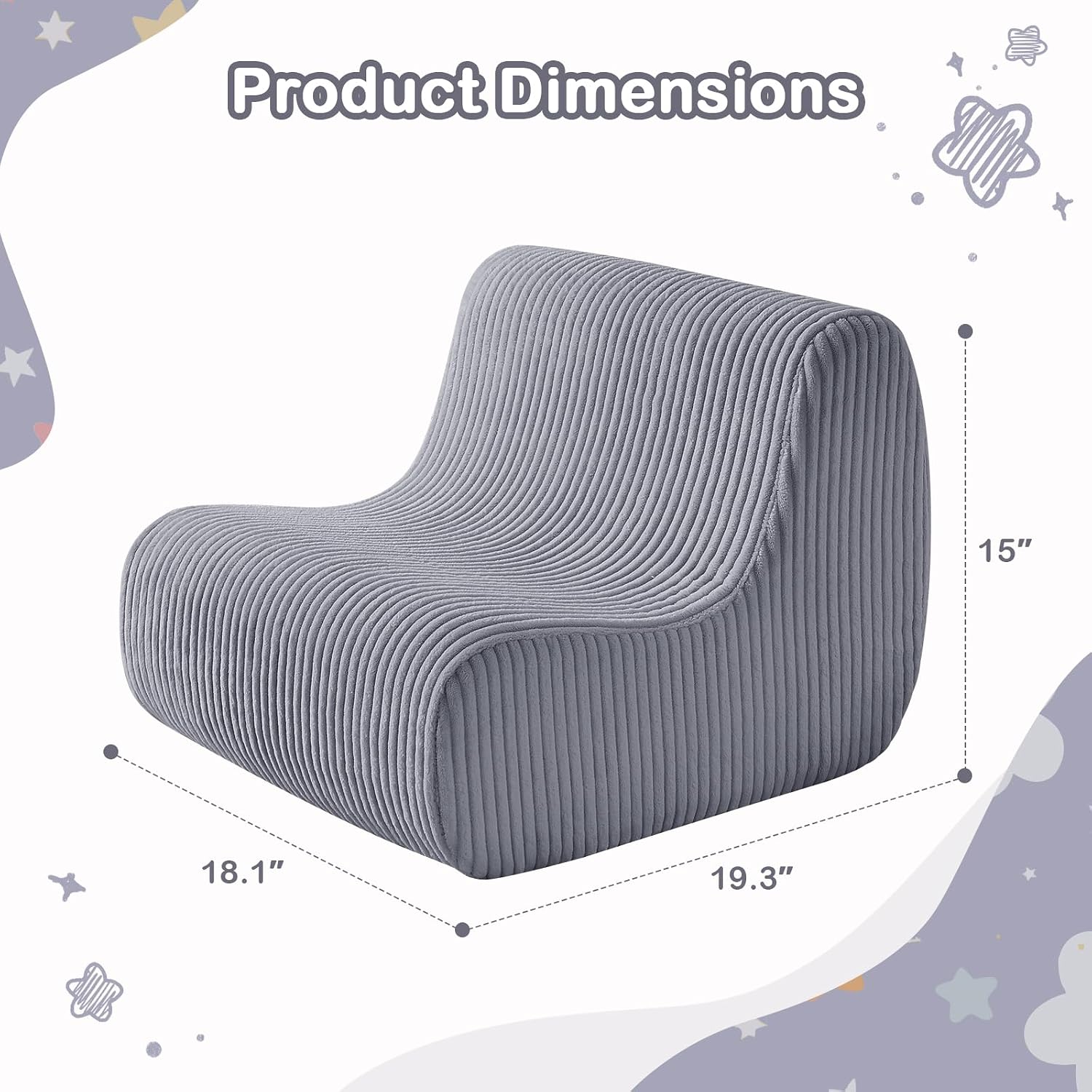 DAICO Toddler Bean Bag Chair Grey Kids Reading Sofa Couch 1-3 Years Old | Toddler Plush Lounge chair with Handle for Playroom & Bedroom, Toddler Foam Couch with Washable Cover for Boys and Girls