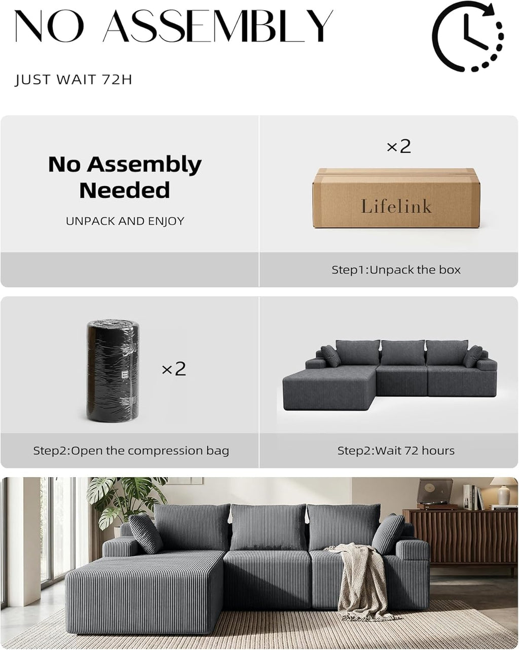 Lifelink 108" Boneless Couch L-Shaped Modular Sectional: Couches for Living Room - Cloud Sofa with Deep Seat High Back - Oversized Left Facing Chaise - No Assembly Required - Grey