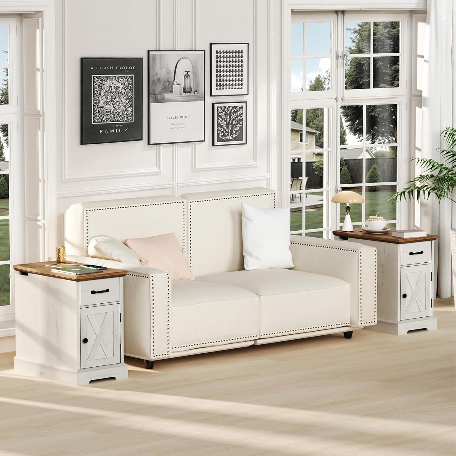 HOMMPA 23.6'' Farmhouse Narrow End Table w/Charging Station Rustic White