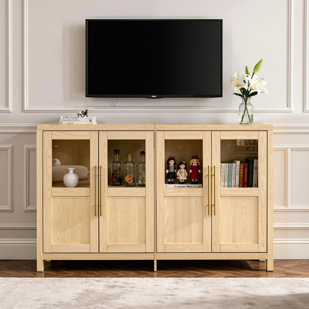 55" Sideboard Cabinet with Glass Doors, Large Buffet Cabinet with Storage and Shelves, Modern Accent Console Table for Dining Room Living Room Entryway (Natural)