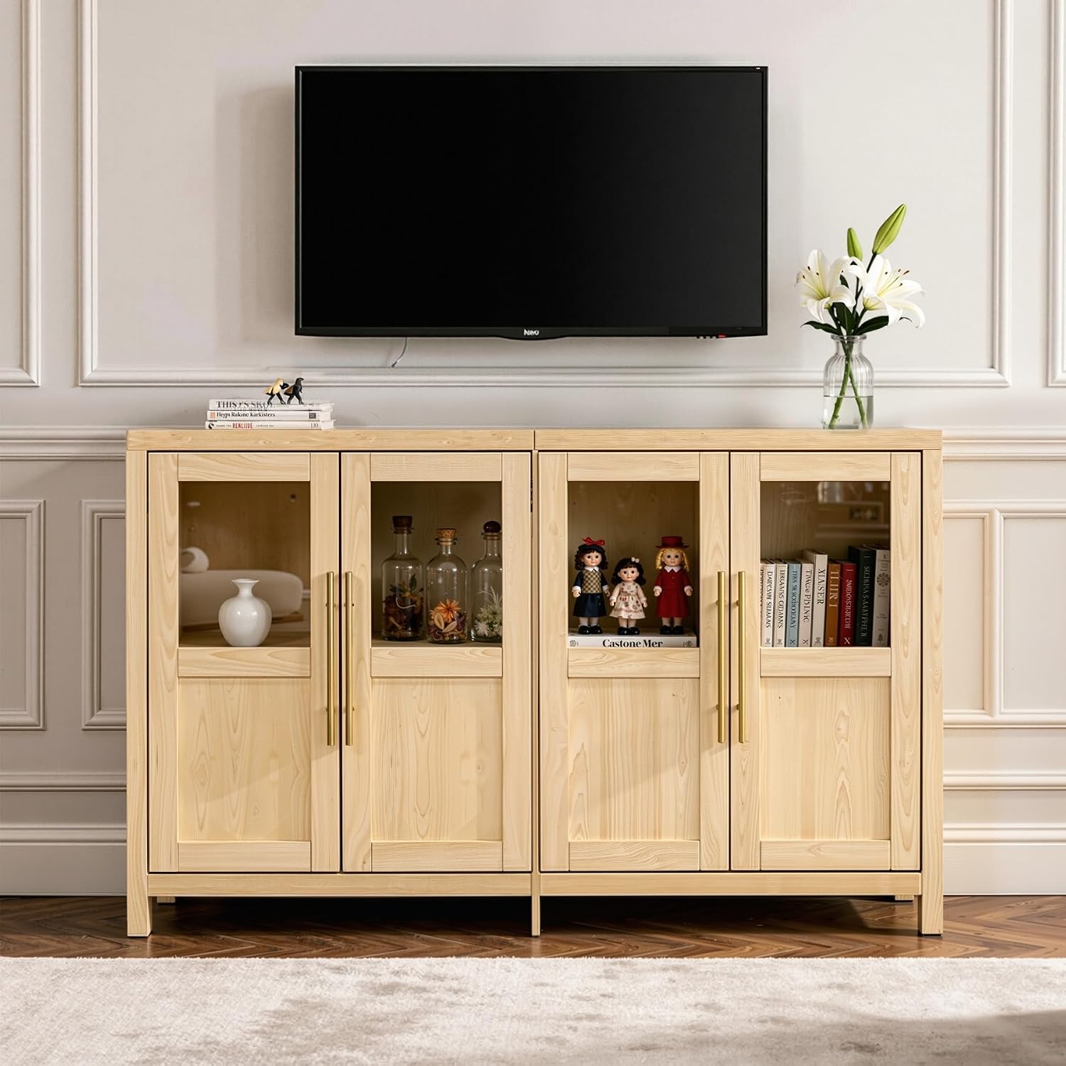 55" Sideboard Cabinet with Glass Doors, Large Buffet Cabinet with Storage and Shelves, Modern Accent Console Table for Dining Room Living Room Entryway (Natural)