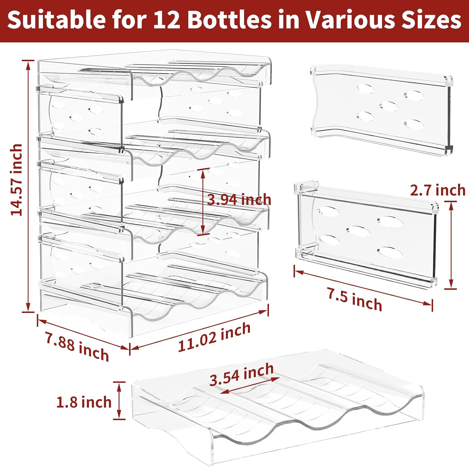 EZ COZY Wine Rack, 4 Tier Water Bottle Organizer for Cabinet (12 Bottles) | Clear Freestanding Wine Bottle Holder for Cabinet, Fridge, Pantry, Wine Rack for Inside Cabinet, Refrigerator, Countertop