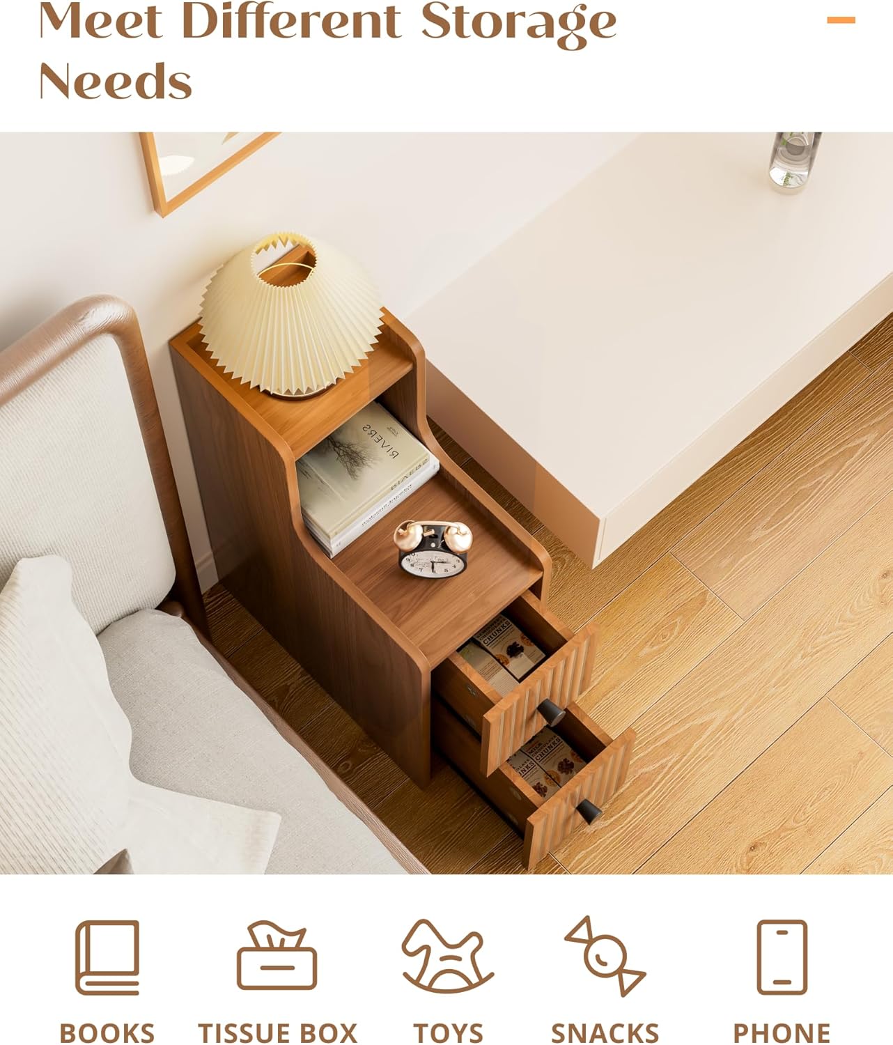 Narrow End Table Set of 2, Fluted Wooden Slim Side Table with 2 Drawers, Mid Century Modern Night Stand for Living Room, Bedroom, Walnut（No Charging Station）