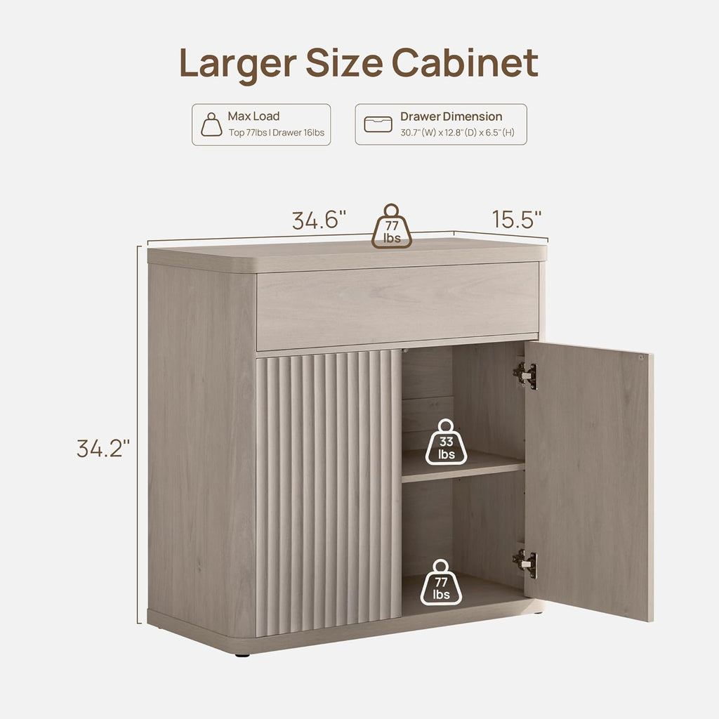 SICOTAS Buffet Cabinet with Storage - Accent Fluted Storage Cabinet with 2 Doors & 1 Drawer 34.6" Wide Modern Sideboard Credenza Large Buffet Table for Living Room Kitchen Dining Room Entryway Office
