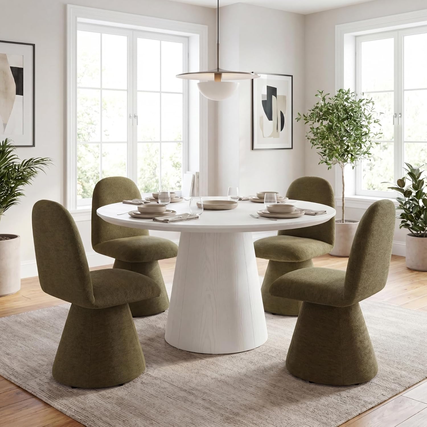 DUOMAY 360° Swivel Dining Chairs Set of 2, Mid Century Modern High Back Upholstered Kitchen Room Chair with Silent Rotating Base, Soft Chenille Accent Chair for Home Office Bedroom Reading, Green