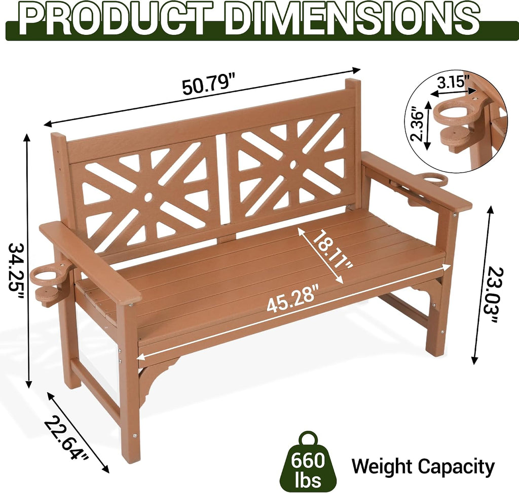 Outdoor Bench with Cup Holders, HDPE 2-Person All-Weather Patio Bench, 660 lbs Capacity, Fade & Rot Resistant for Porch Backyard Park, Brown