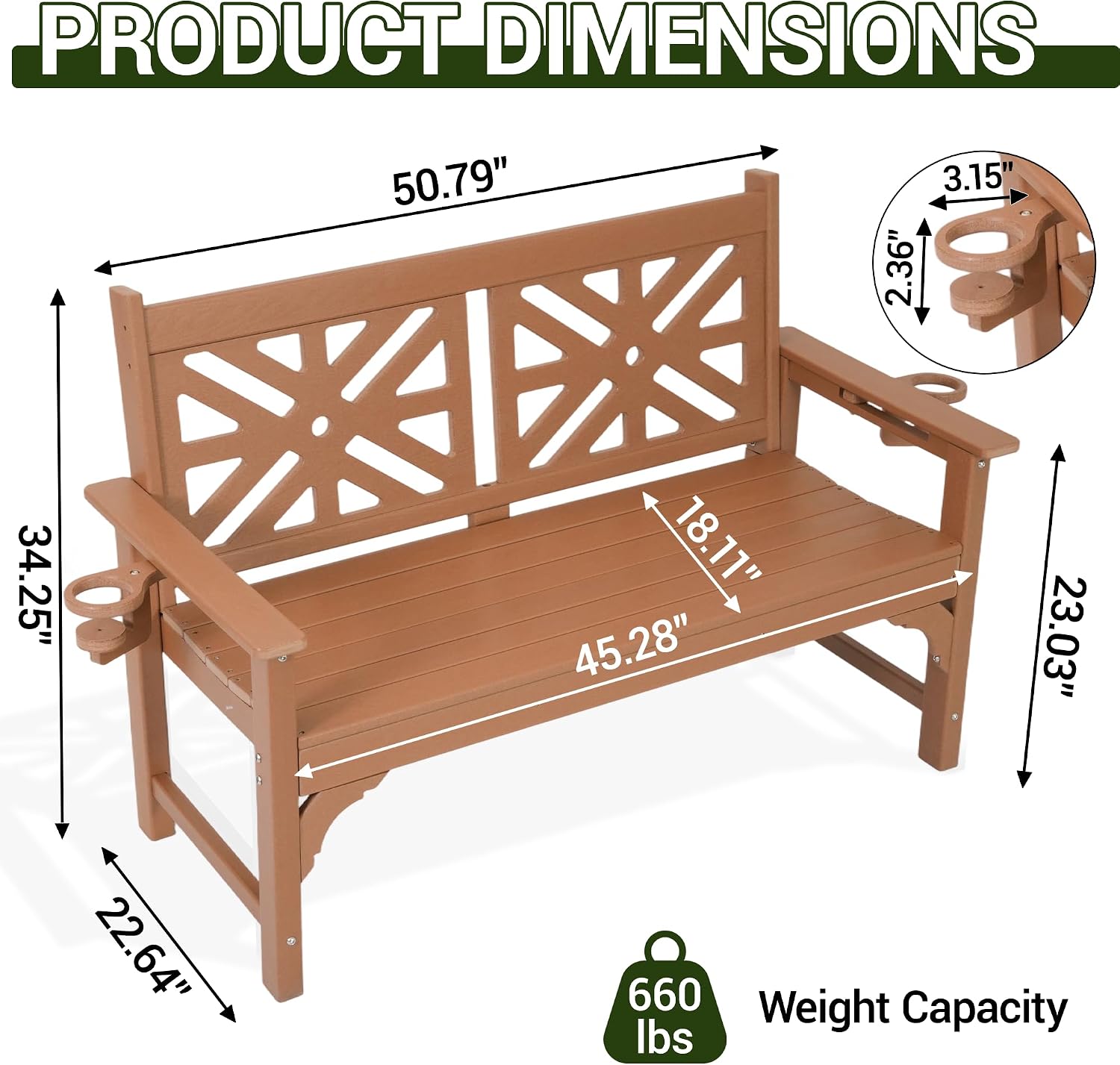 Outdoor Bench with Cup Holders, HDPE 2-Person All-Weather Patio Bench, 660 lbs Capacity, Fade & Rot Resistant for Porch Backyard Park, Brown