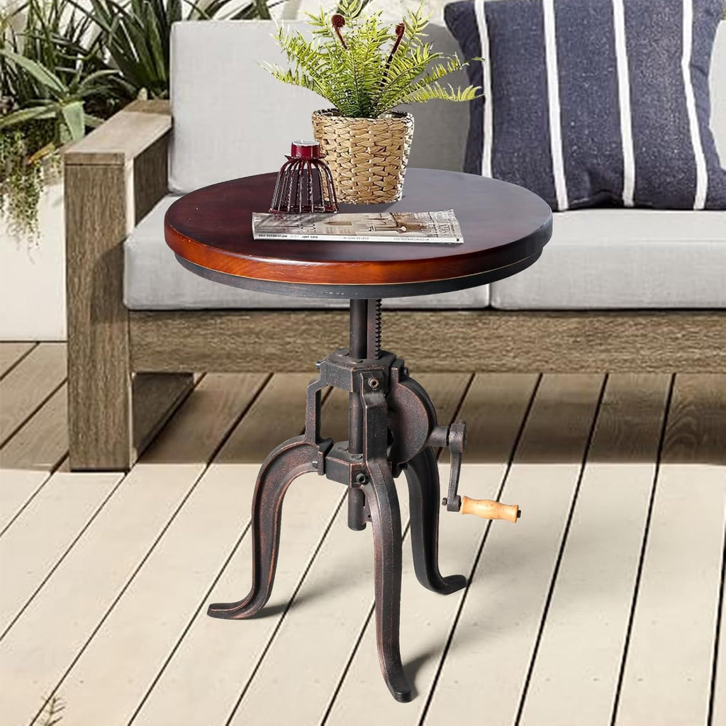 Topower Industrial Retro Side Table Antique Mechanic Crank Height Ajustable Black Walnut Wood Top Three-Legged Farmhouse Accent End Table Copper