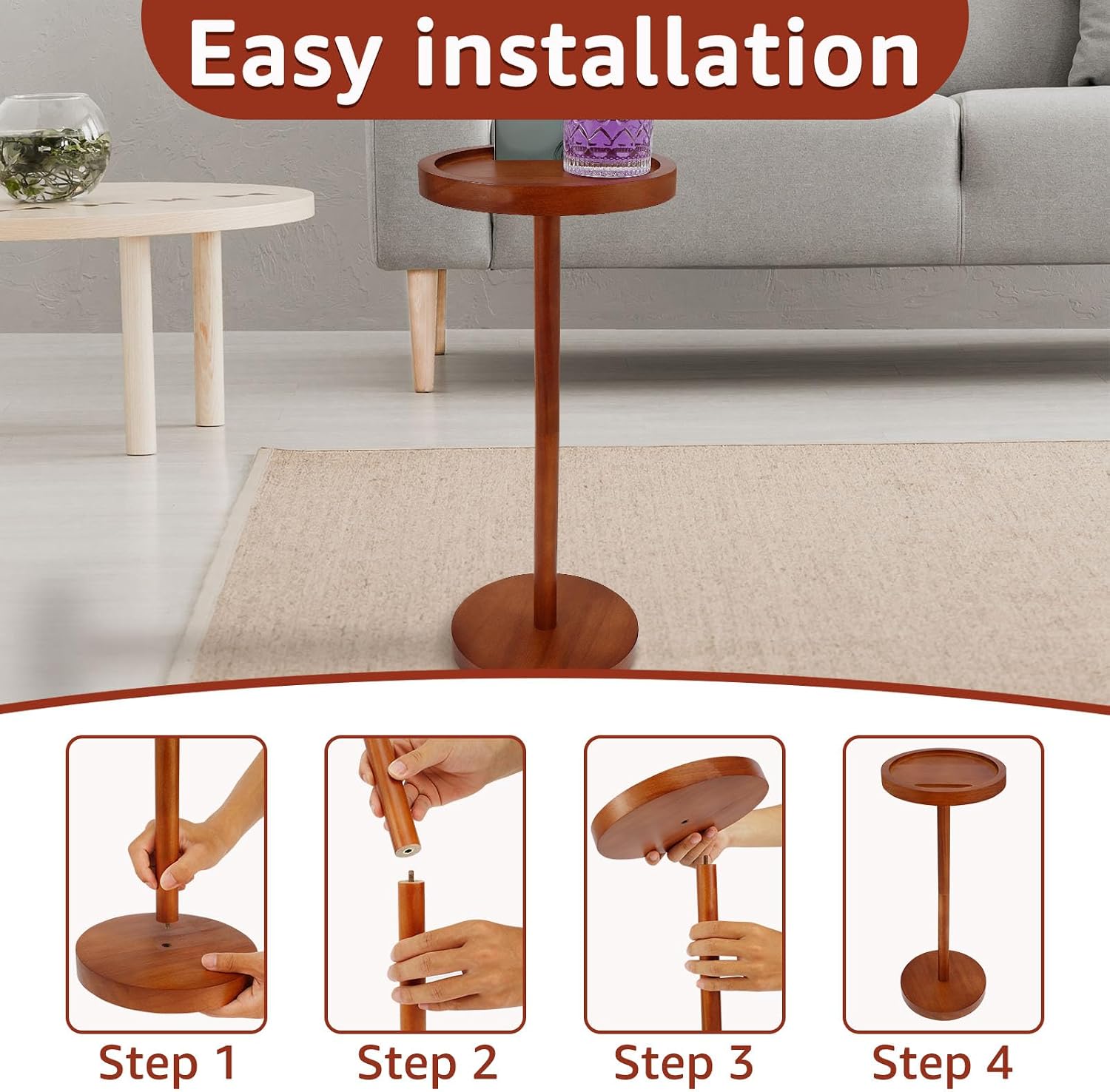 Solid Wood Pedestal Side Table With Weighted Base and Phone Holder for Small Spaces - Drink Table for Living Room, Bedroom, Sofa, Couch, Chair