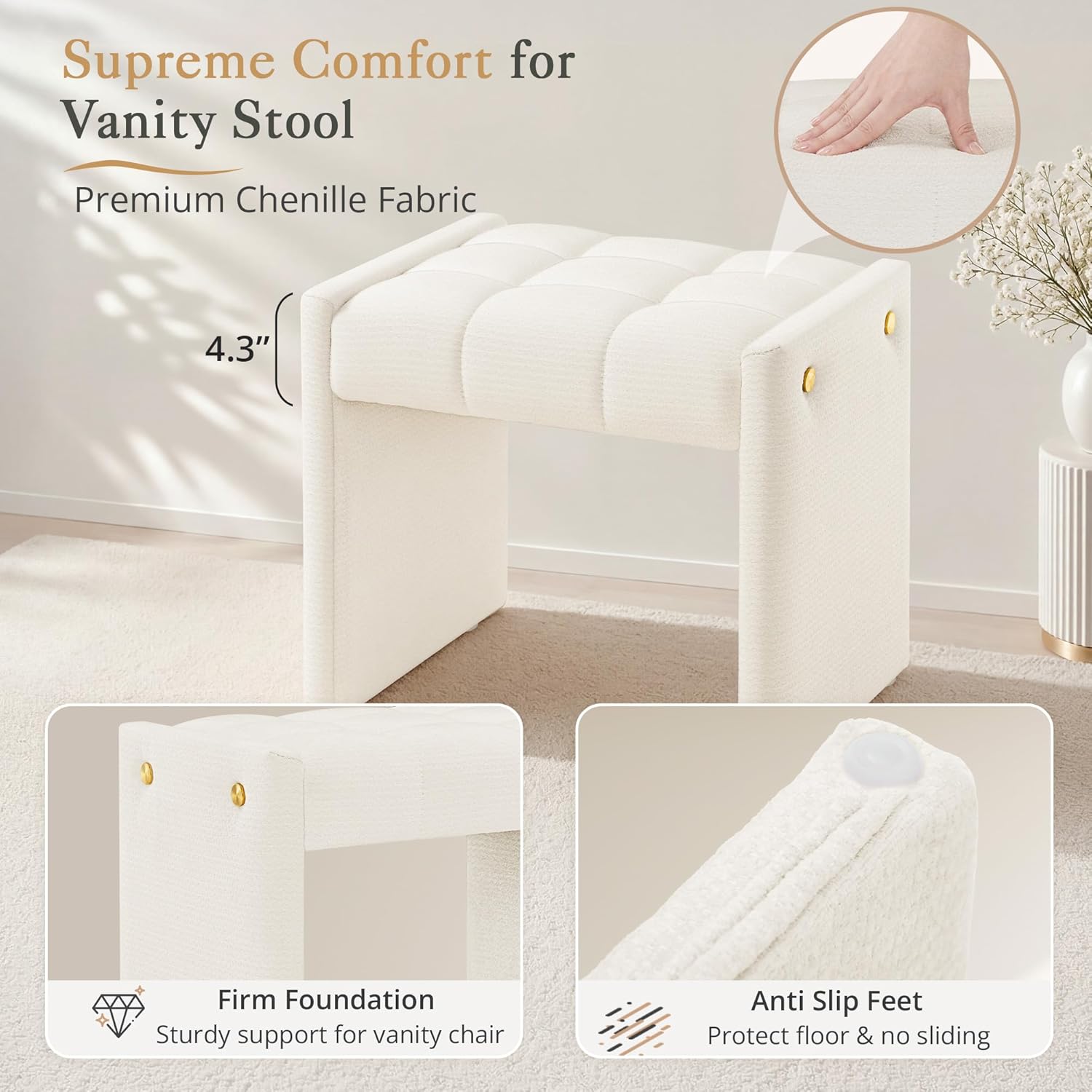 LUE BONA Modern Grid Tufted Vanity Bench Stool, 4.33'' Thick Chenille Upholstered Ottoman Footstool for Makeup Room, Bedroom & Living Room, 200lbs Capacity, White