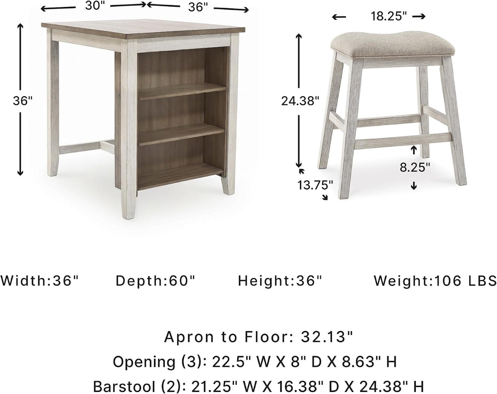 Signature Design by Ashley Skempton 3 Piece Counter Height Dining Table and Bar Stools Set, Built-in Storage, Wood, Acacia Veneer and Engineered Wood, Small Kitchen Table, White/Light Brown
