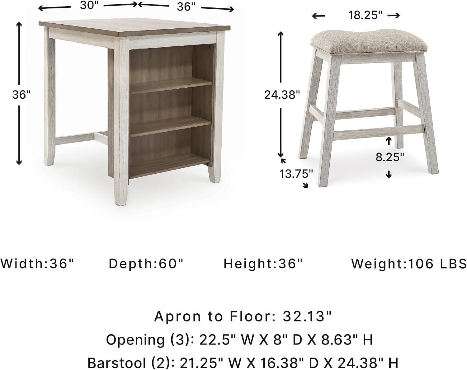 Signature Design by Ashley Skempton 3 Piece Counter Height Dining Table and Bar Stools Set, Built-in Storage, Wood, Acacia Veneer and Engineered Wood, Small Kitchen Table, White/Light Brown