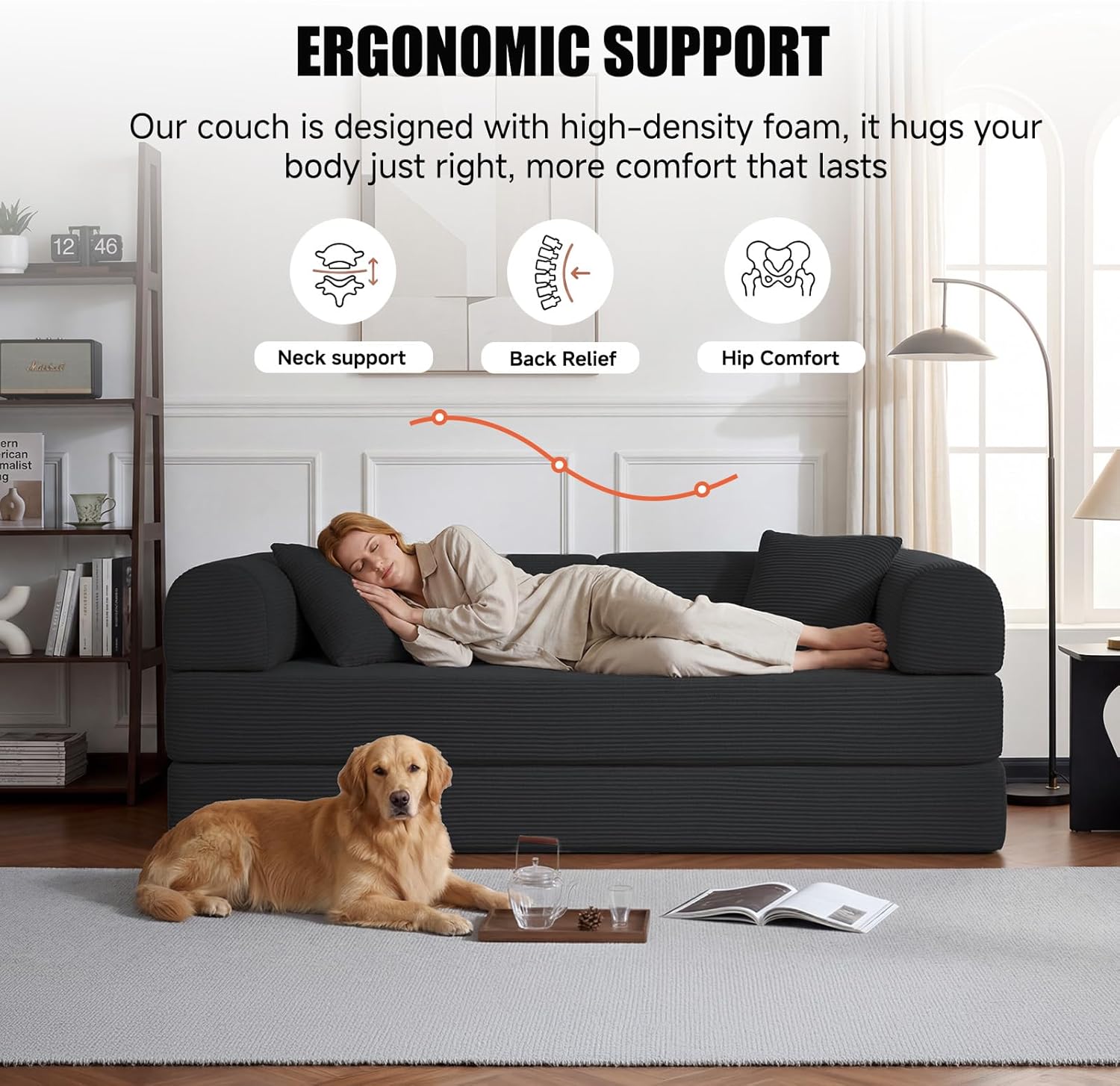 79" Compressed Sofa, Convertible Sofa Bed, Corduroy Compression Boneless Couch with Pillow, Comfy Modular Foldable Floor Sleeper Sofa for Bedroom, Living Room, Lounge, Studio (Black)