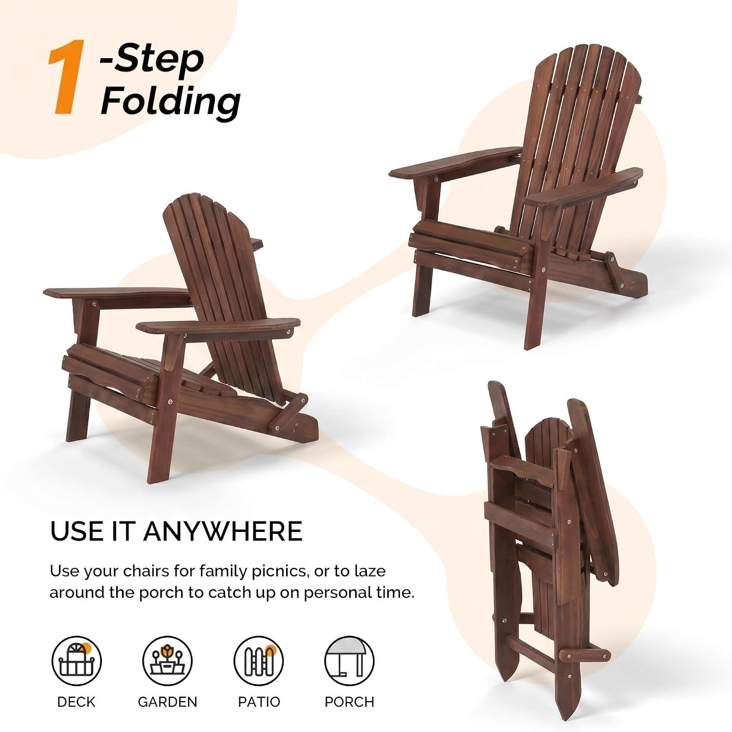 Folding Adirondack Chairs Set of 2 with Pre-Assembled BackRest, Solid Wood Outdoor Lawn Chair Lounge Patio Chair for Garden Backyard Porch Fire Pit, Dark Brown