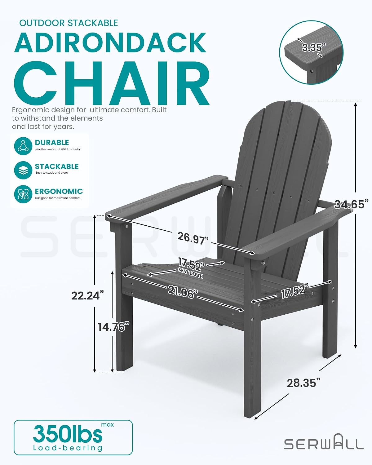 SERWALL Stackable Modern Adirondack Chairs Set of 4, HDPE Outdoor Patio Chairs with Space-Saving Design, All-Weather Fire Pit Chairs with Widened Seat for Deck, Backyard, Garden, Lawn (Grey)