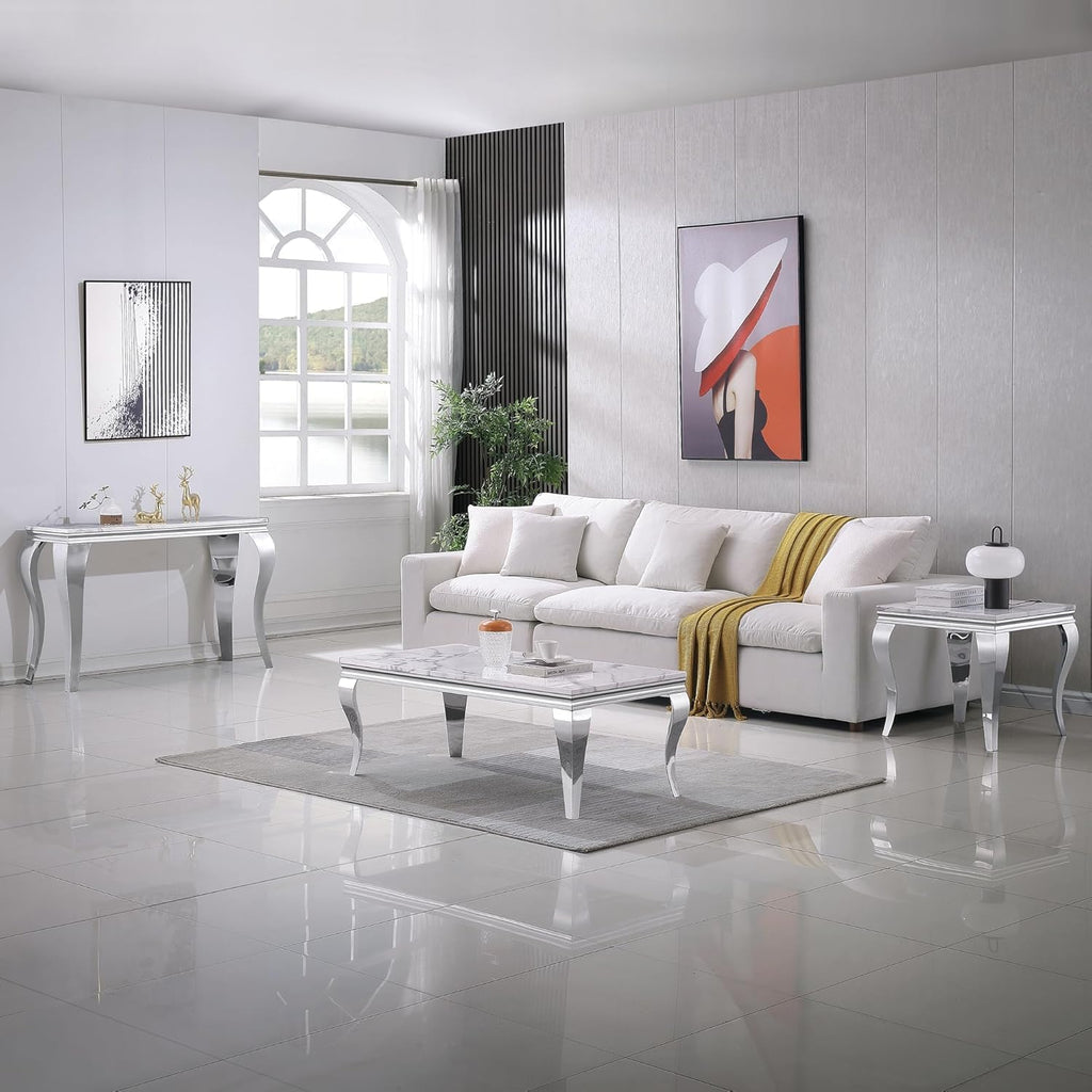 Luxury Modern Faux Marble Coffee Table Set of 3 – White MDF Marble Top with Silver Stainless Steel Base, Includes 1 Coffee Table & 2 End Tables for Living Room