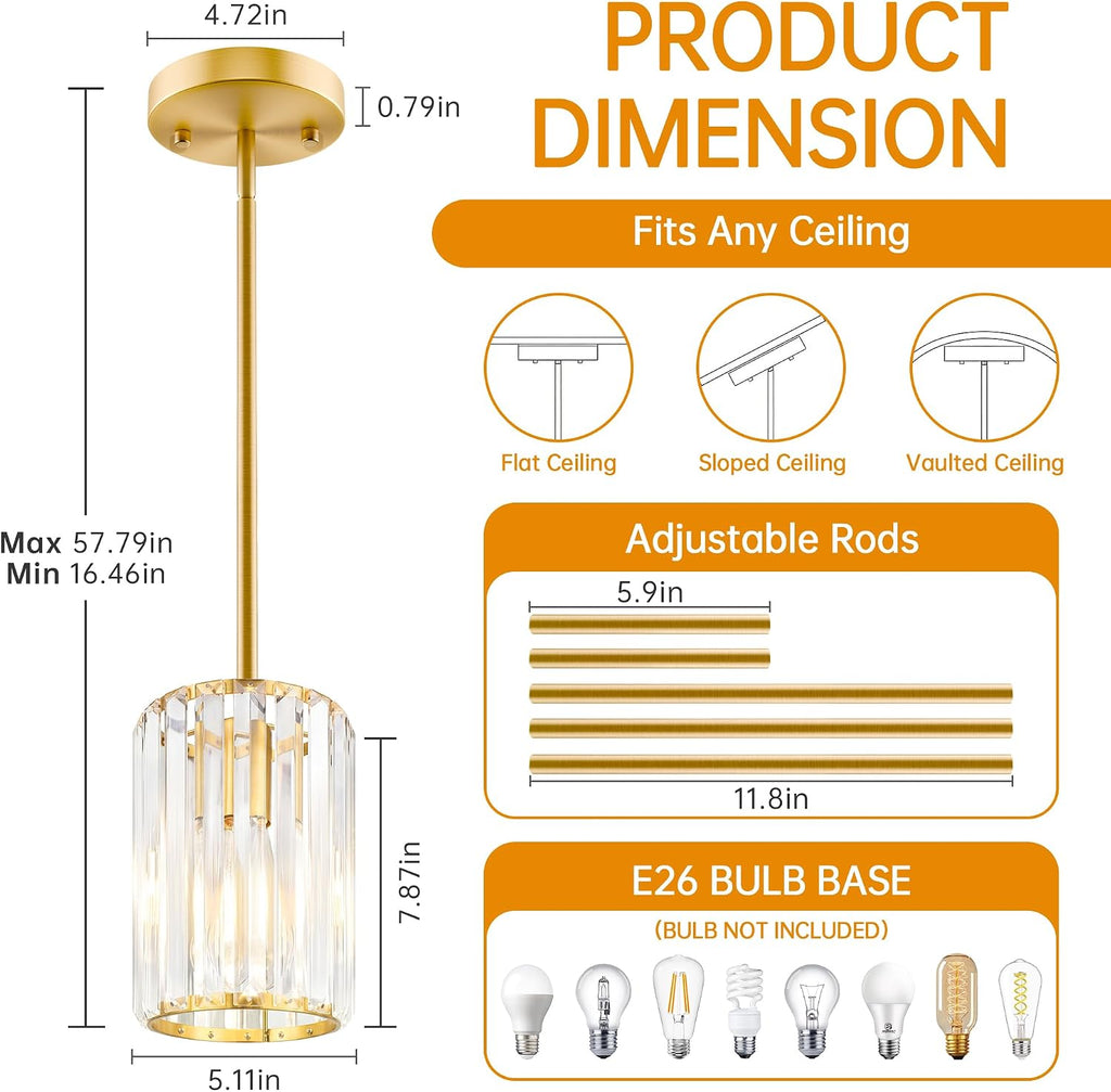 Gold Pendant Light, Modern Crystal Pendant Lights Kitchen Island, Kitchen Island Lighting with Adjustable Height, UL Certified Island Lights for Kitchen Dining Room Bedroom Hallway 3 Pack