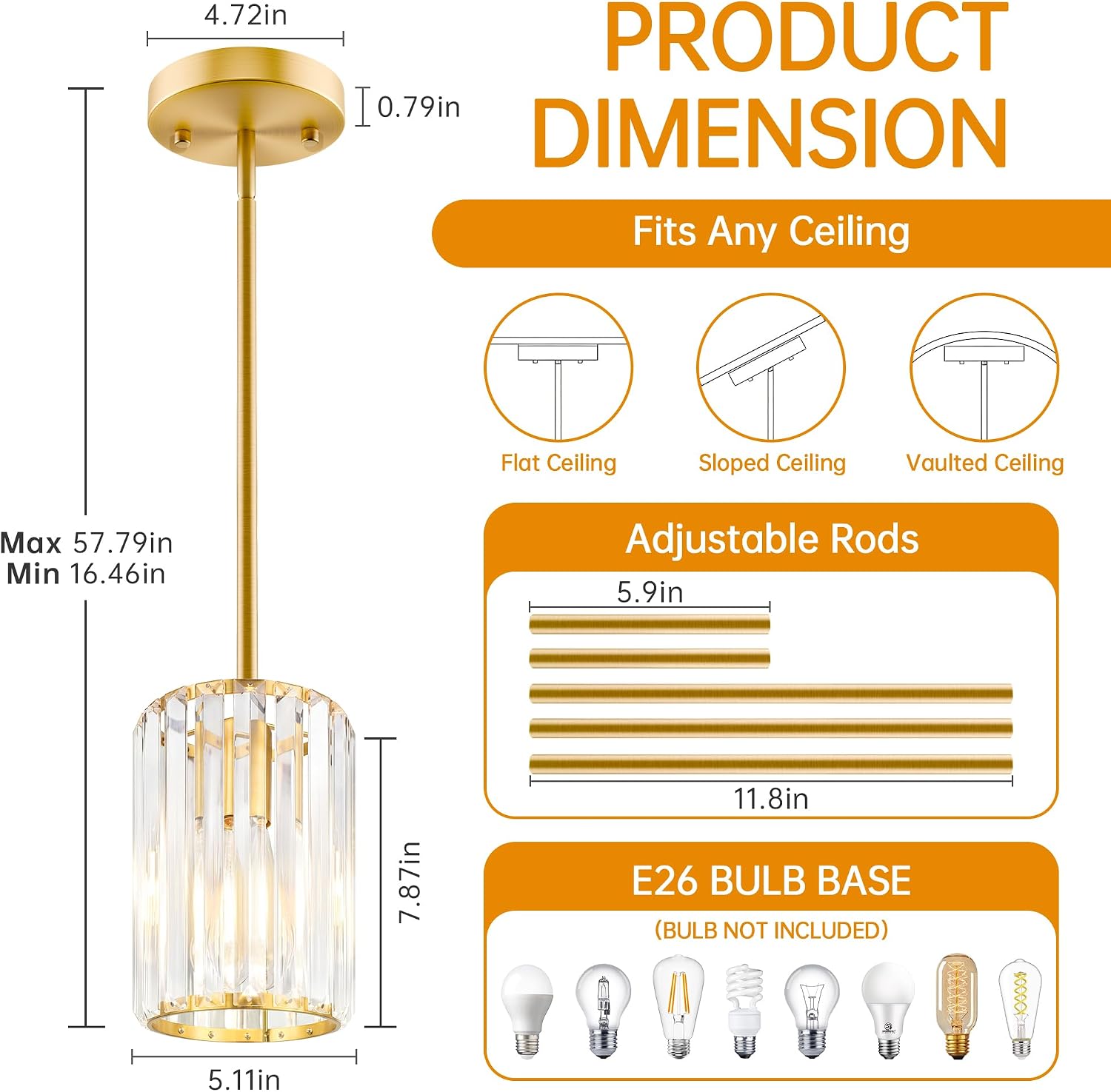 Gold Pendant Light, Modern Crystal Pendant Lights Kitchen Island, Kitchen Island Lighting with Adjustable Height, UL Certified Island Lights for Kitchen Dining Room Bedroom Hallway 3 Pack