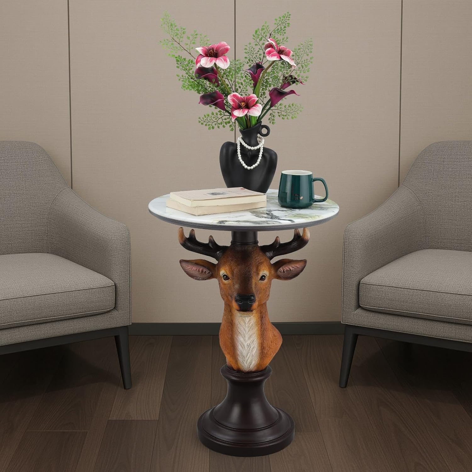 Deer Head Accent Table with Faux Marble Top, 25.59" Resin Animal Statue End Table for Living Room, Rustic Wildlife Side Table with Pedestal Base, Brown
