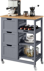 Yaheetech Kitchen Island Cart on Wheels, Rolling Storage Cart with Bamboo Countertop, 3 Drawers, 3 Removable Shelves & Lockable Casters for Dining Room, Bar, Dark Gray