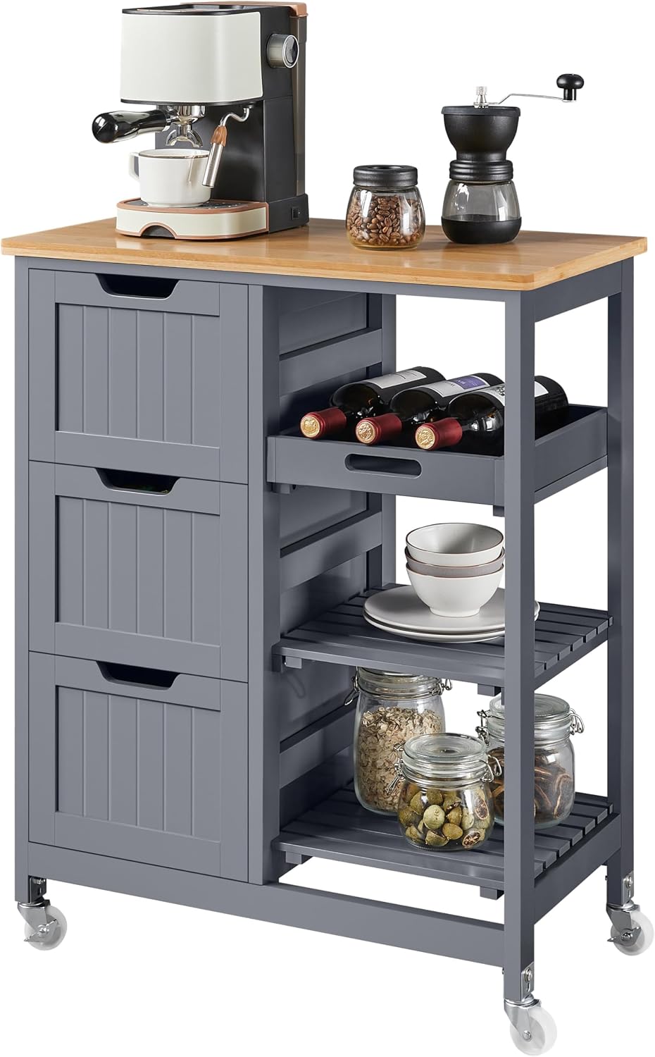 Yaheetech Kitchen Island Cart on Wheels, Rolling Storage Cart with Bamboo Countertop, 3 Drawers, 3 Removable Shelves & Lockable Casters for Dining Room, Bar, Dark Gray