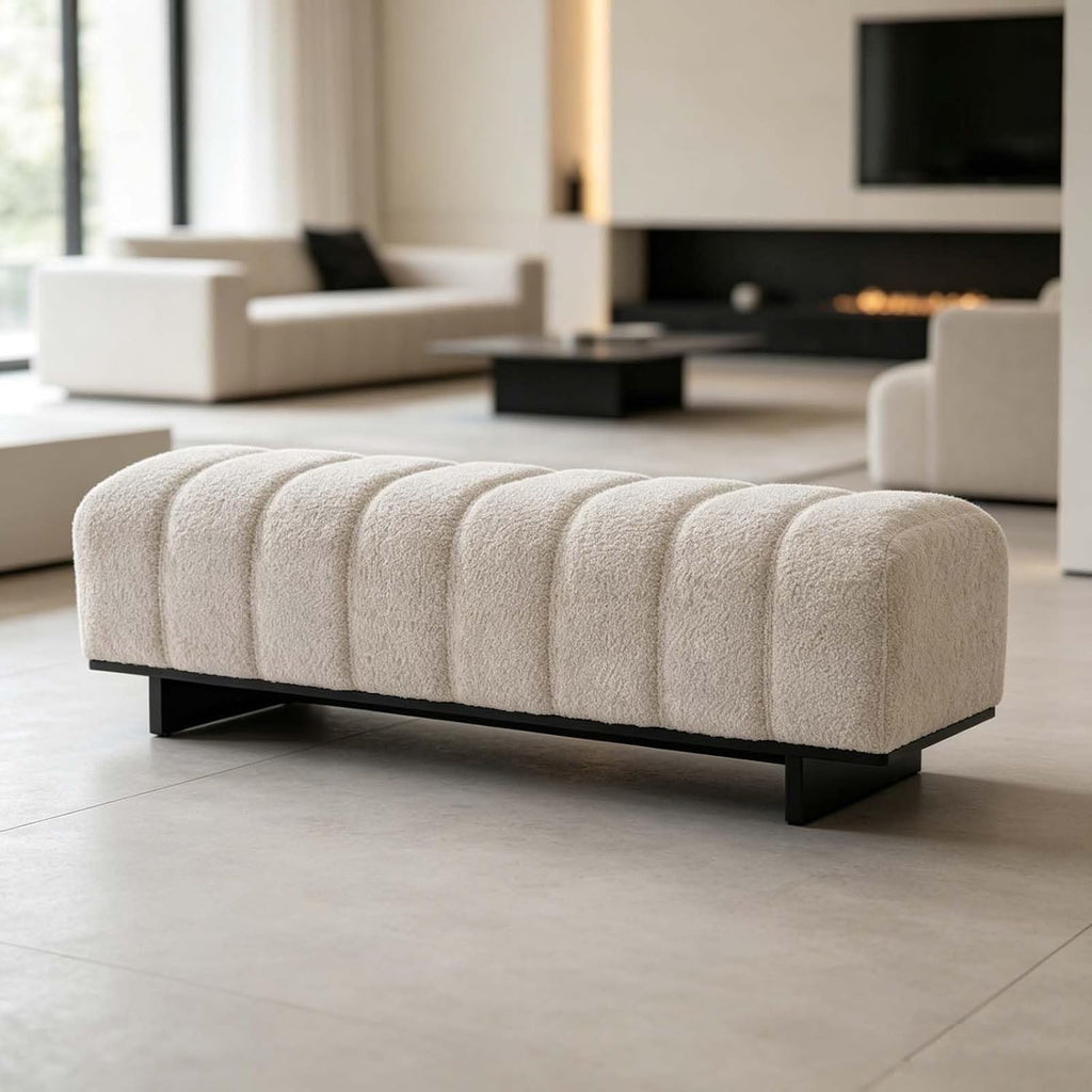 Channel Tufted Fabric Bench Strong Black Base Support Bedroom Living Room Entryway Seating