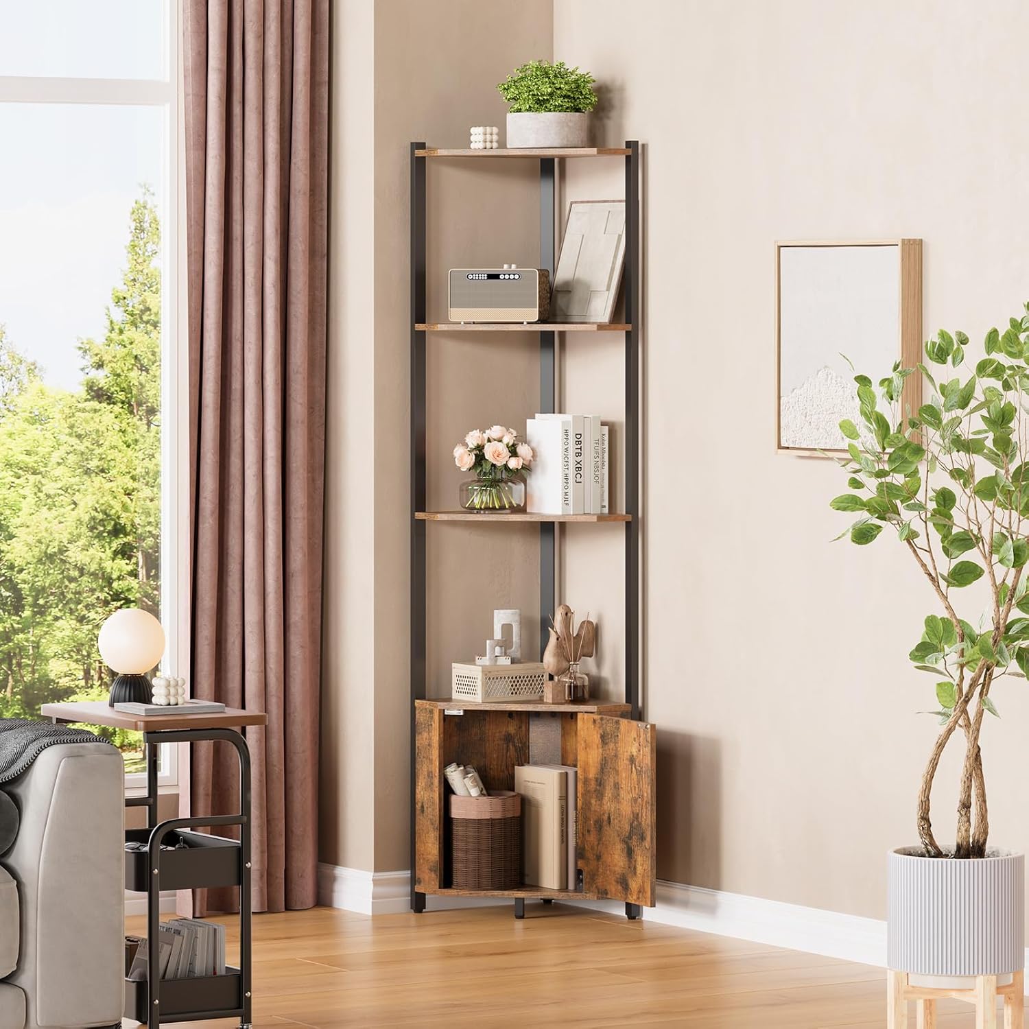 Garvee 5 Tier Corner Shelf - 57" Tall Corner Cabinet Stand with Storage, Space-Saving Corner Bookshelf for Living Room & Bedroom | Brown Corner Shelf, Modern Corner Organizer