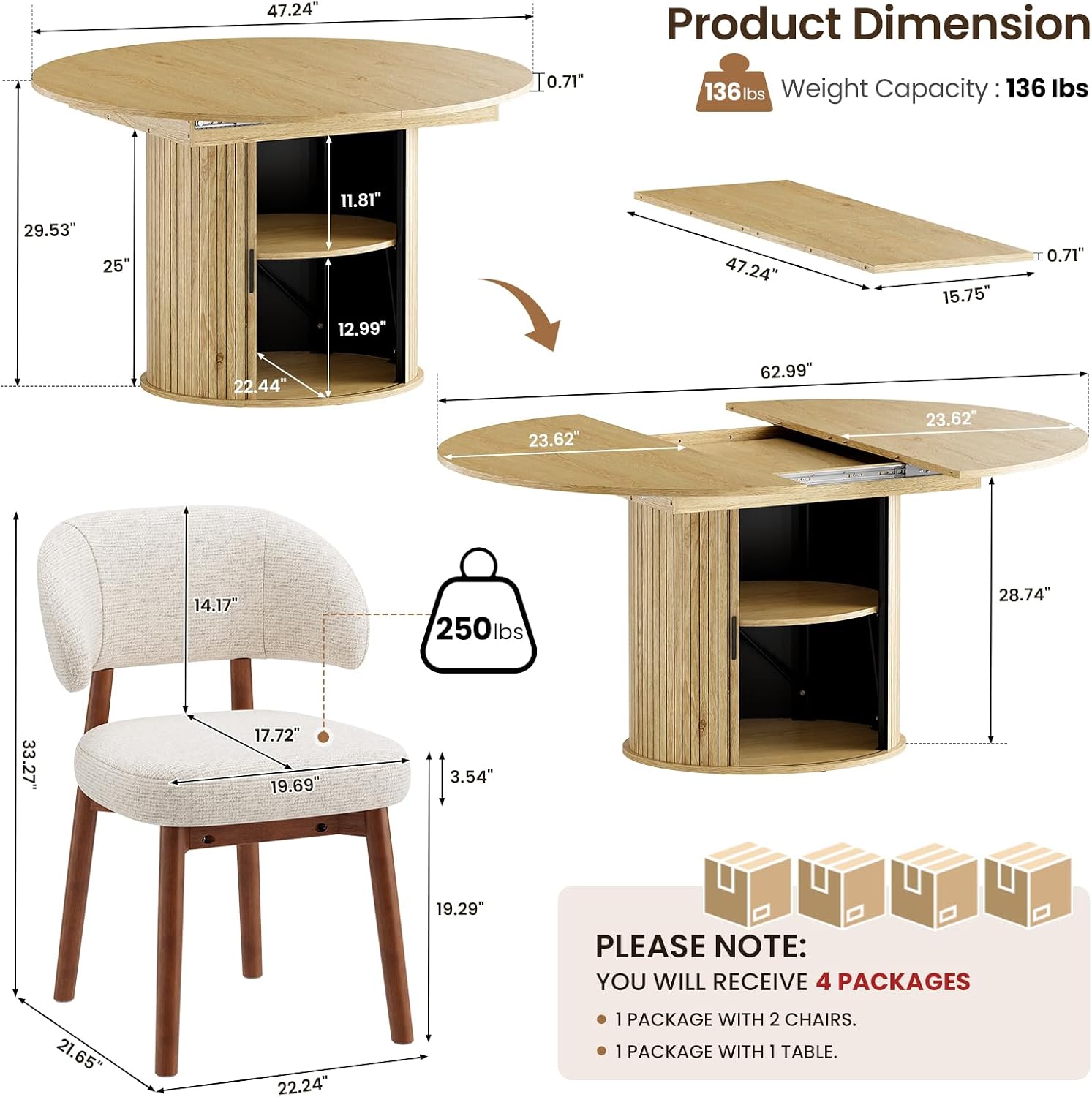 MALOL 47"-63" Extendable Round to Oval Dining Table Chairs Set for 4-8, Modern Wooden Kitchen Table and Chairs with Hidden Storage and Fluted Design for Dining Room/Small Space(Natural Wood and Brown)