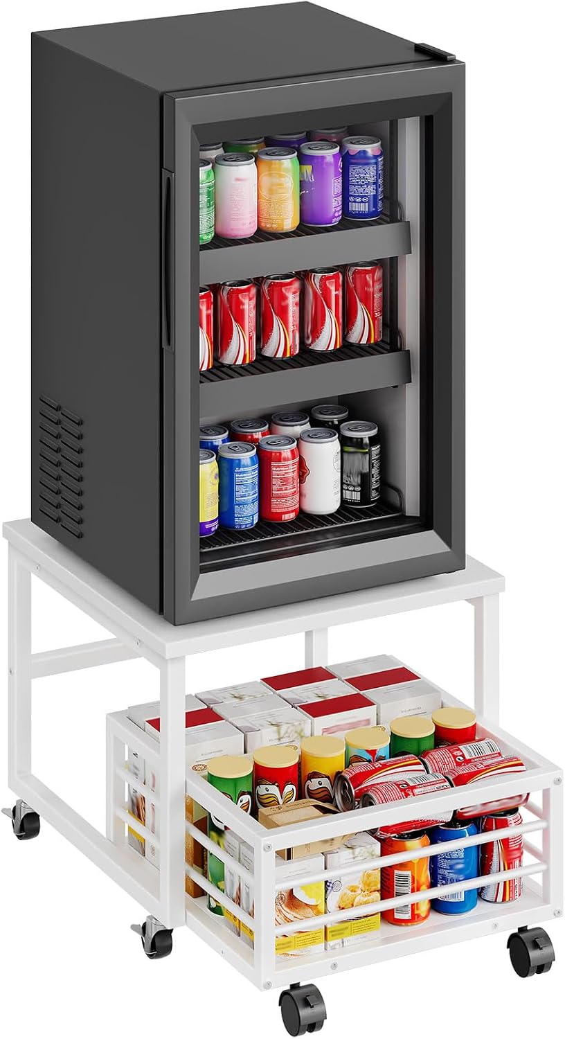 HOOBRO End Table, Mini Fridge Stand with Storage, Mini Fridge Table with Wheels and Adjustable Feet, Sturdy Metal Frame, for Living Room, Bedroom, Office, White WW155TL01