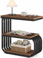 Tribesigns Small Narrow End Table with Storage Shelf, Industrial Side Tables with Curved Metal Frame, 3-Tier Accent Table and Nightstand for Living Room, Bedroom, Small Space (1, Brown)