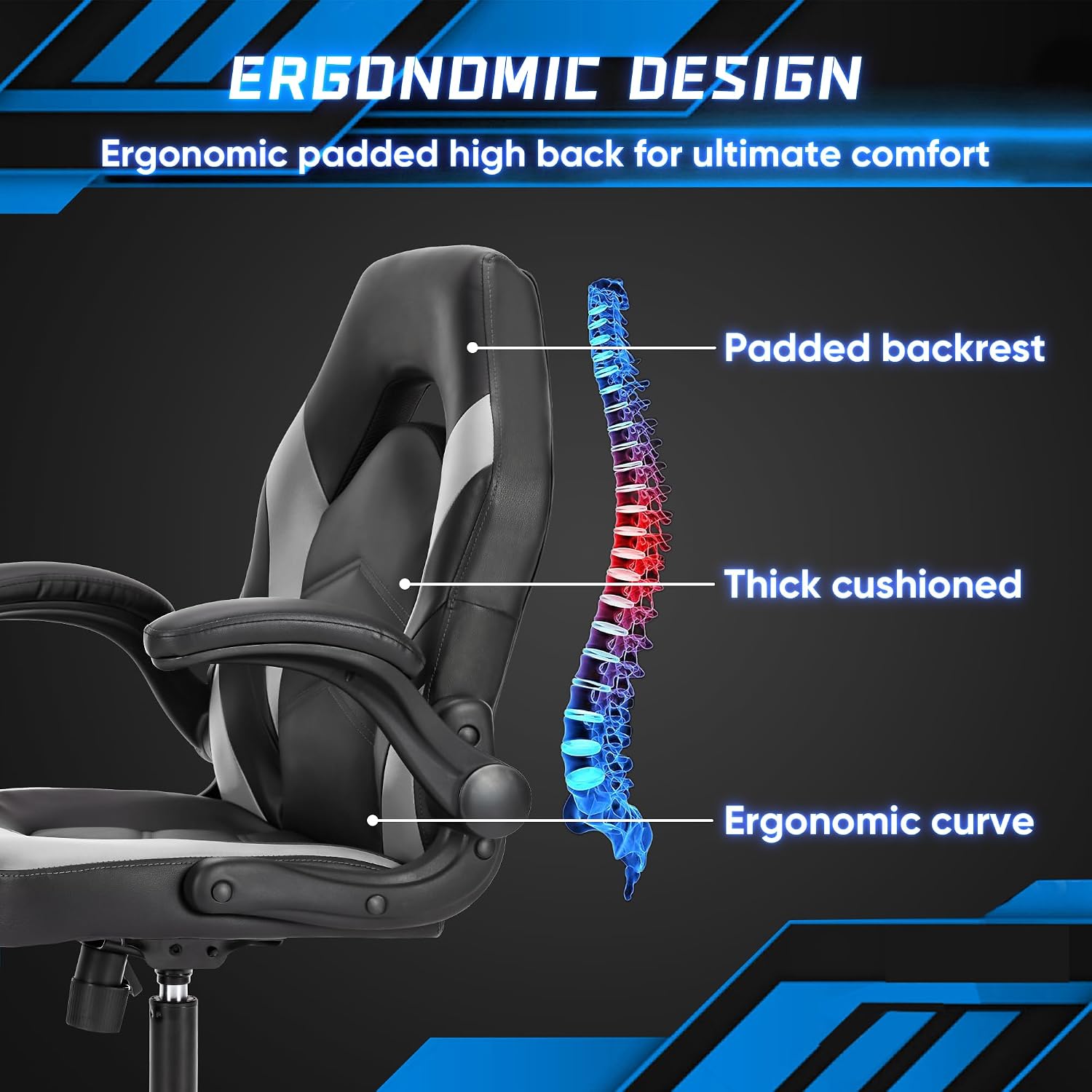 OLIXIS Computer Gaming Desk Chair - Ergonomic Video Game with Comfy Lumbar Support and headrest, PU Leather with Flip-up Arms, Adjustable Height and Swivel Wheels, for Adults, Dark Grey
